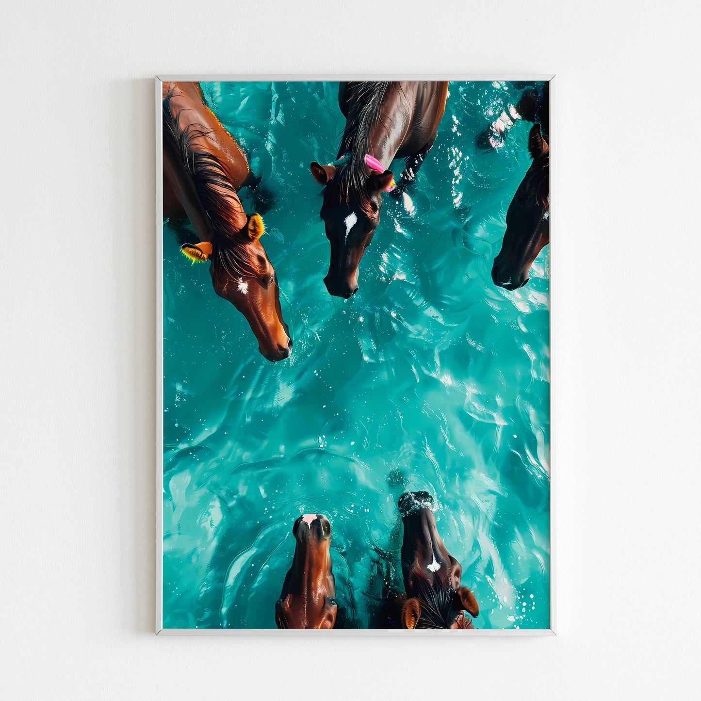 Witness the beginning of a horse's majestic swim in the sea with this printable poster (physical or digital).
