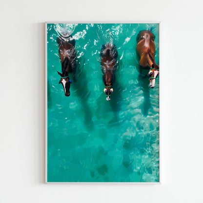 Witness the conclusion of a horse's majestic swim in the sea with this printable poster (physical or digital).