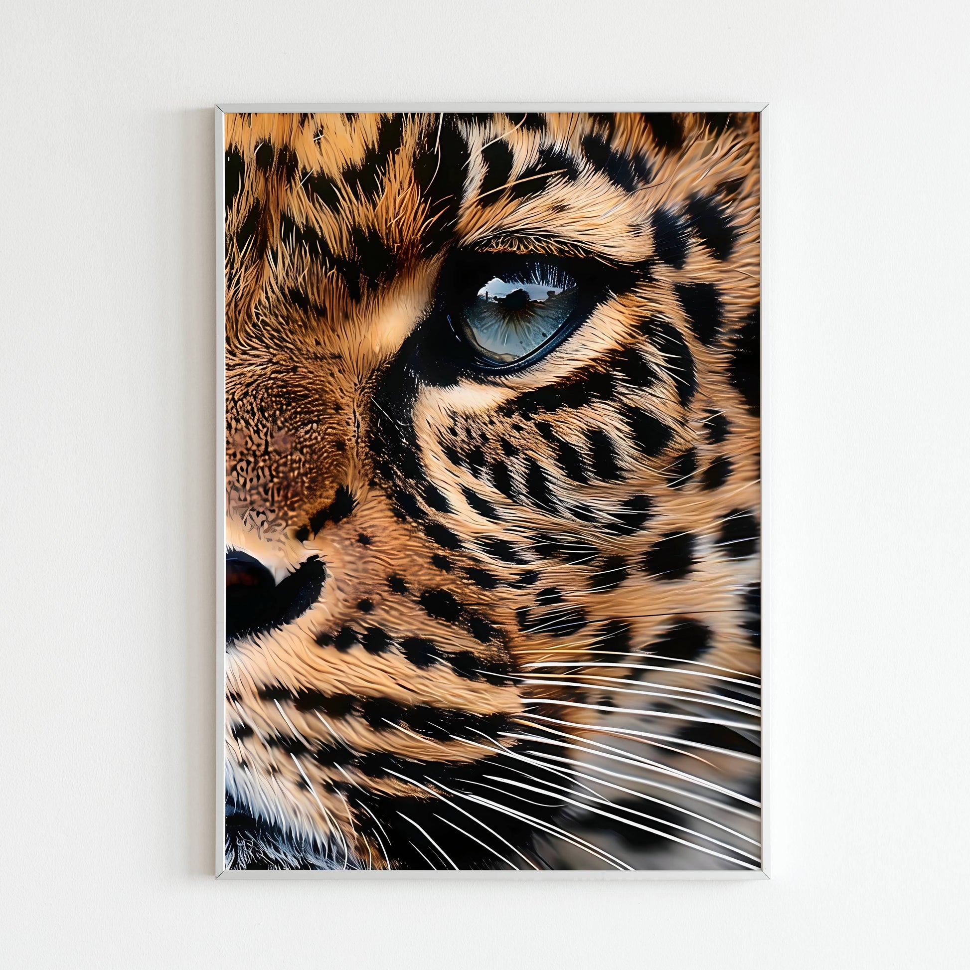 Encounter the captivating gaze of a leopard with this printable poster (physical or digital).