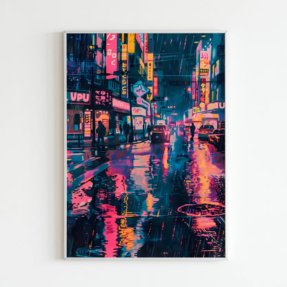 Begin your exploration of a vibrant neon night street with this printable poster (physical or digital).