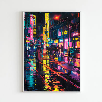 Immerse yourself in the vibrant energy of a neon night street with this printable poster (physical or digital).