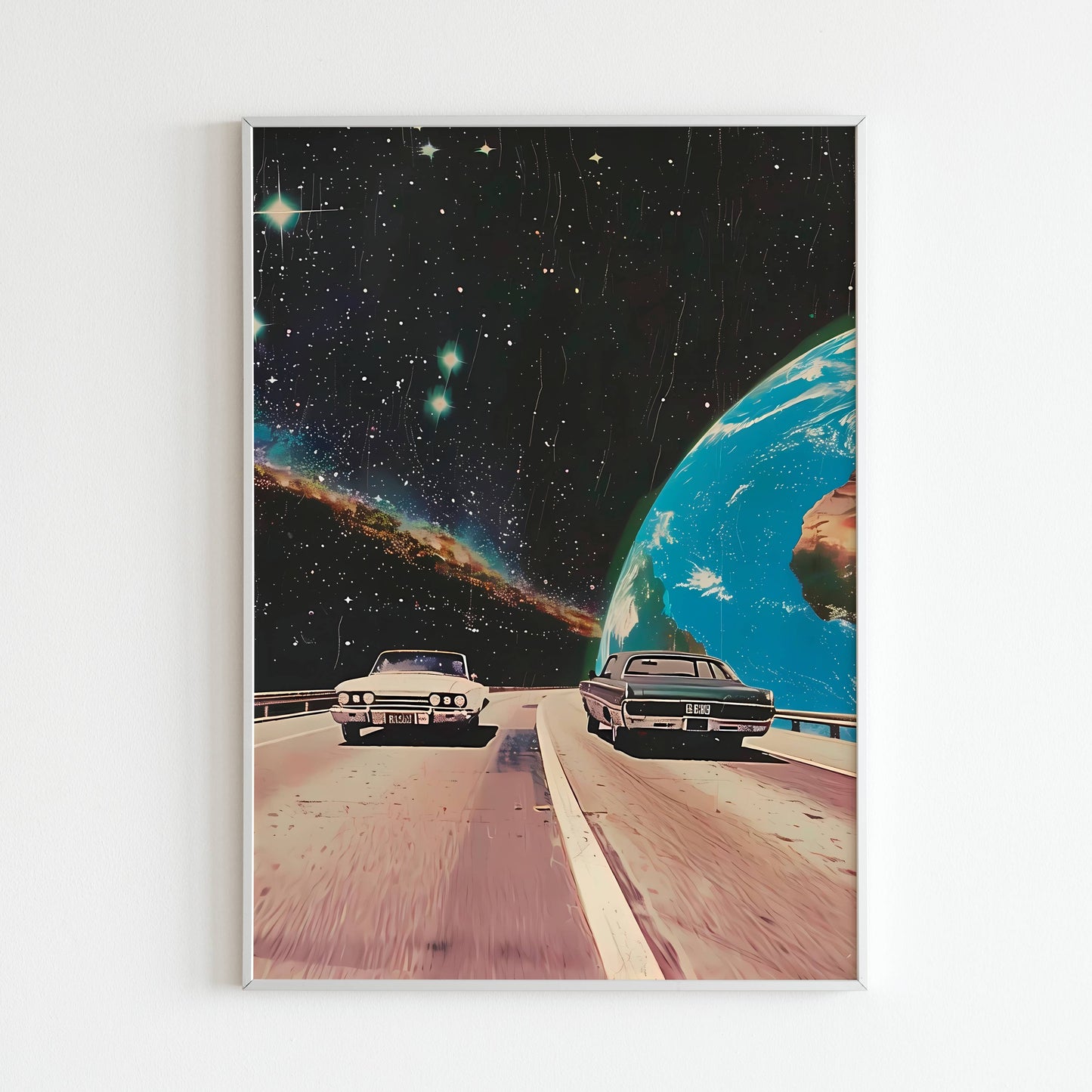 Embark on a cosmic adventure along a space road with this printable poster (physical or digital).