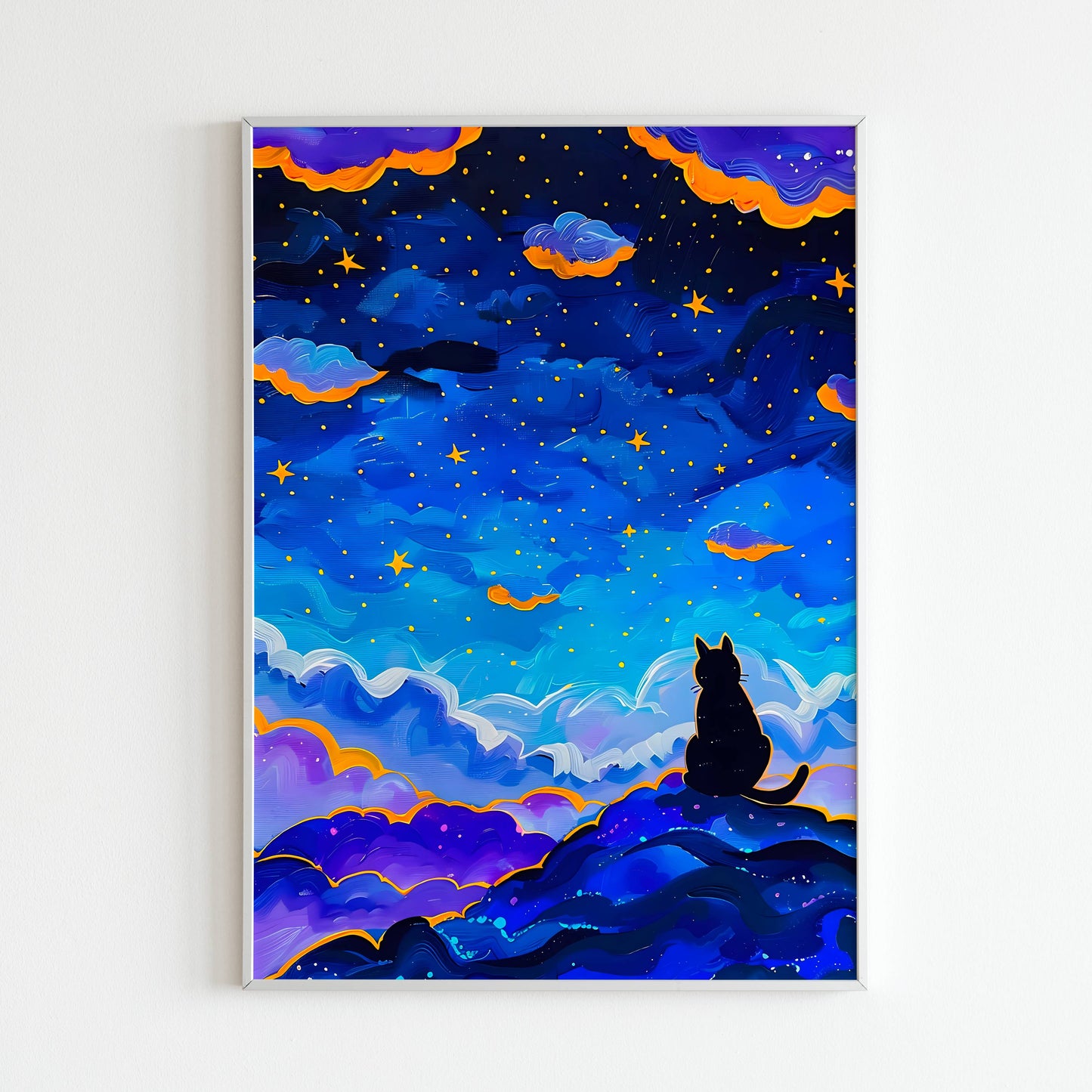 See a cat gazing up at a starry night sky on a hillside with this printable poster (physical or digital).