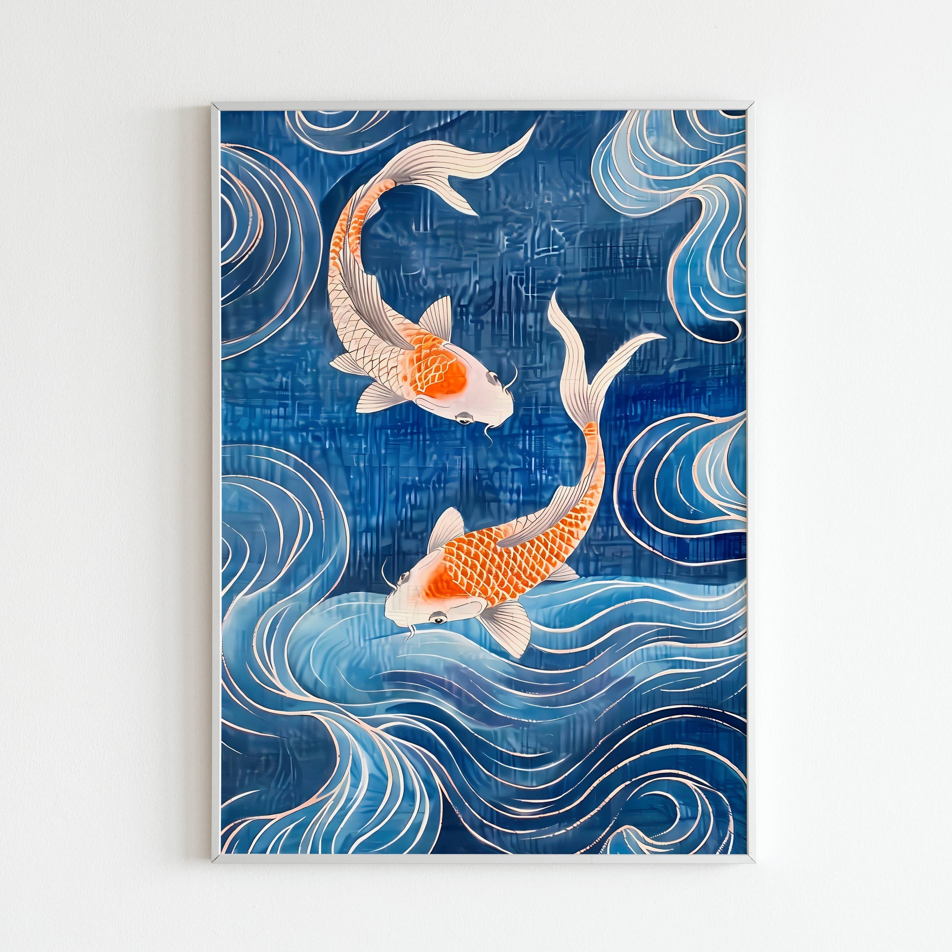 Experience the serenity of koi fish in a graceful dance with this printable poster (physical or digital).