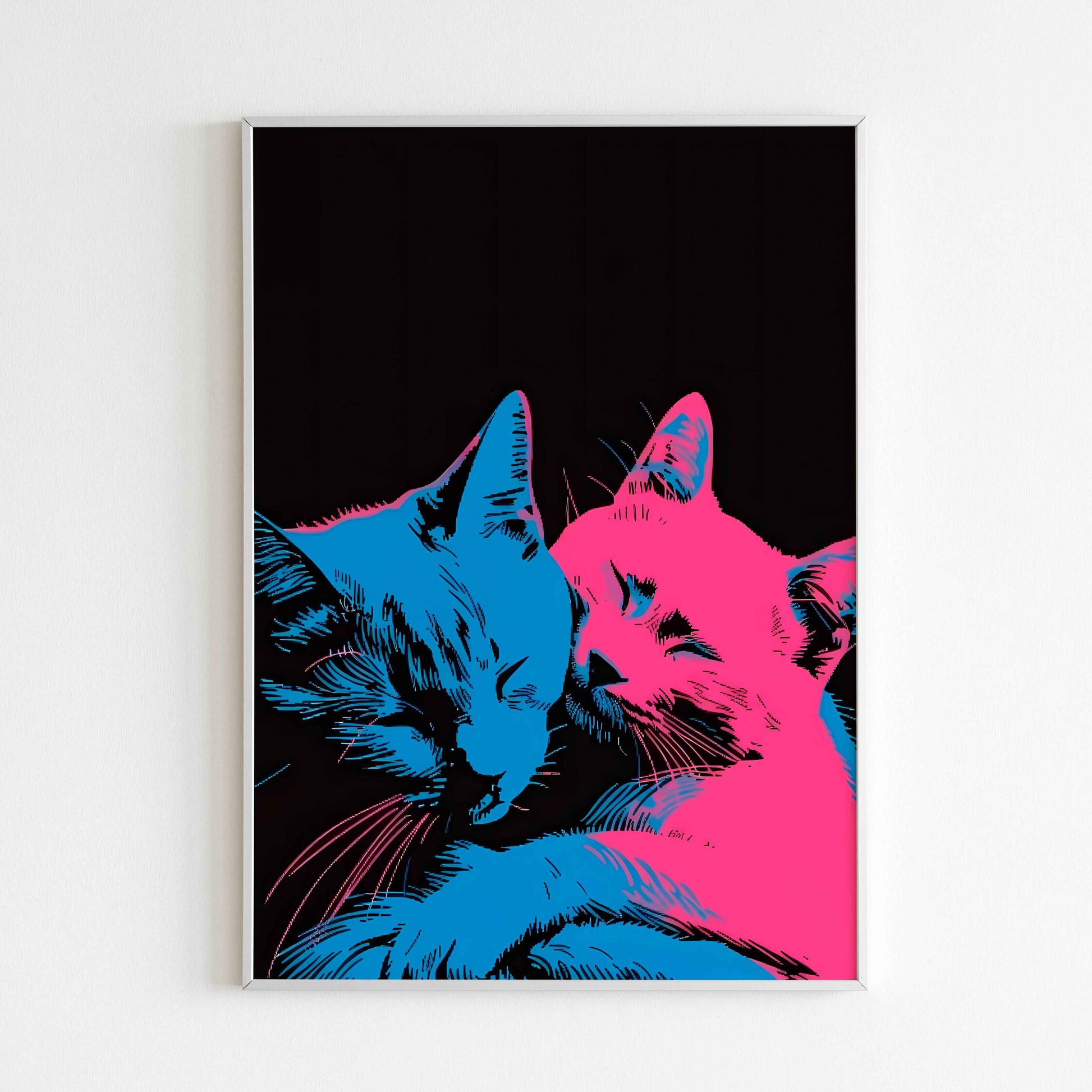 Cuddling Cats printable poster. Feline Affection: The love between cats captured in a moment of cuddling. Available for purchase as a physical poster or digital download