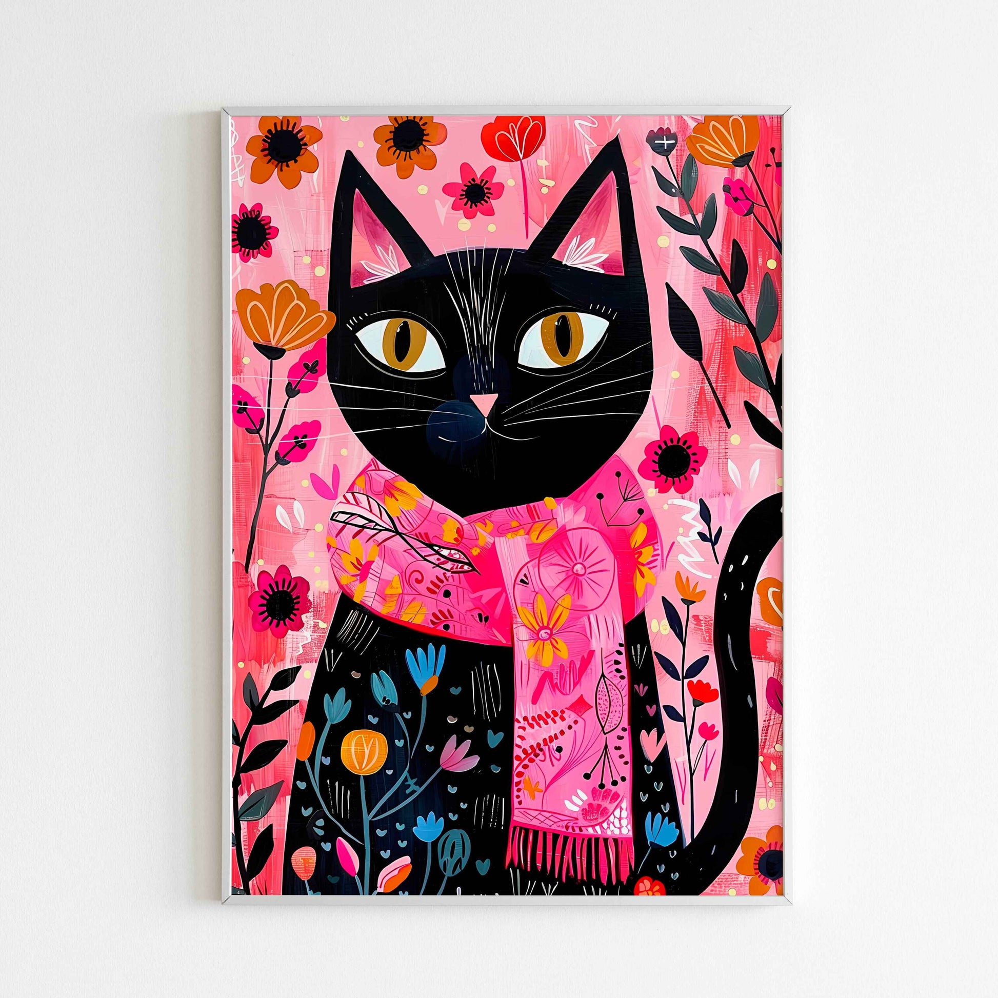 Embrace feline fashion with a Cat in Pink Scarf printable poster (physical or digital)