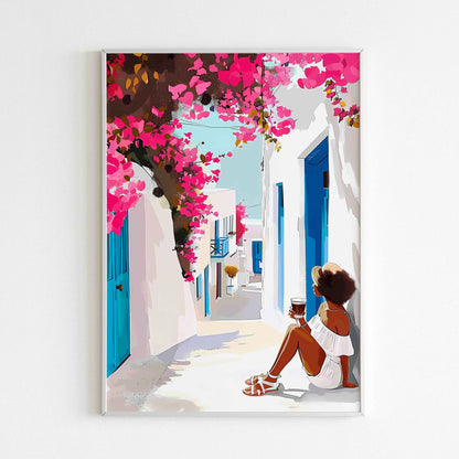 Capture the charm of Santorini with a Santorini Street travel printable poster (physical or digital).