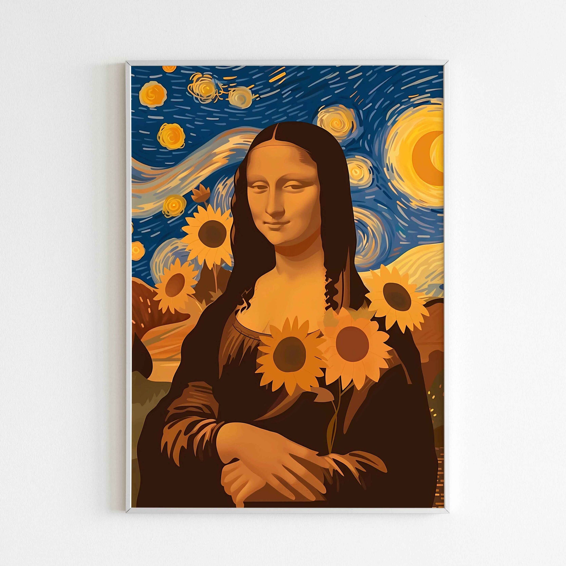 Experience the artistic fusion of Van Gogh and Mona Lisa with this printable poster (physical or digital).