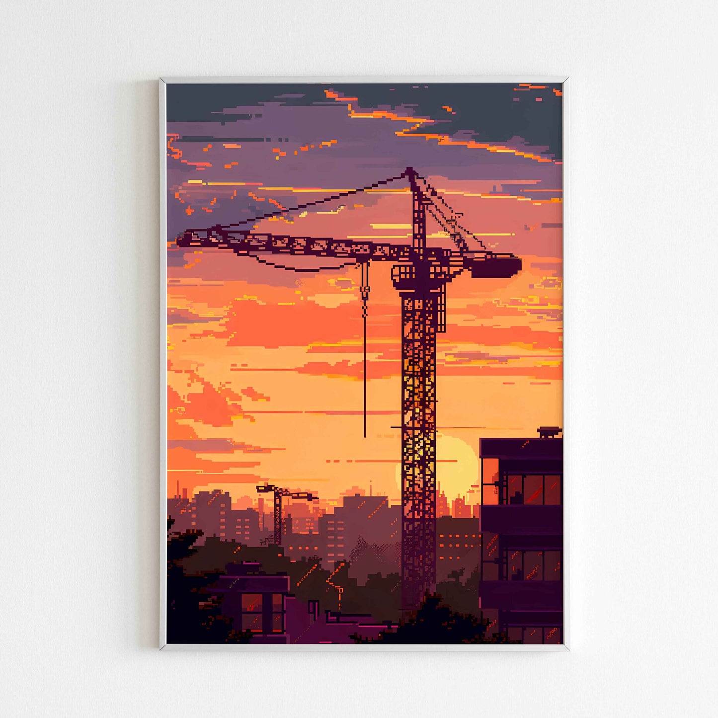 Add a retro vibe to your space with a Pixel City cityscape printable poster (physical or digital).