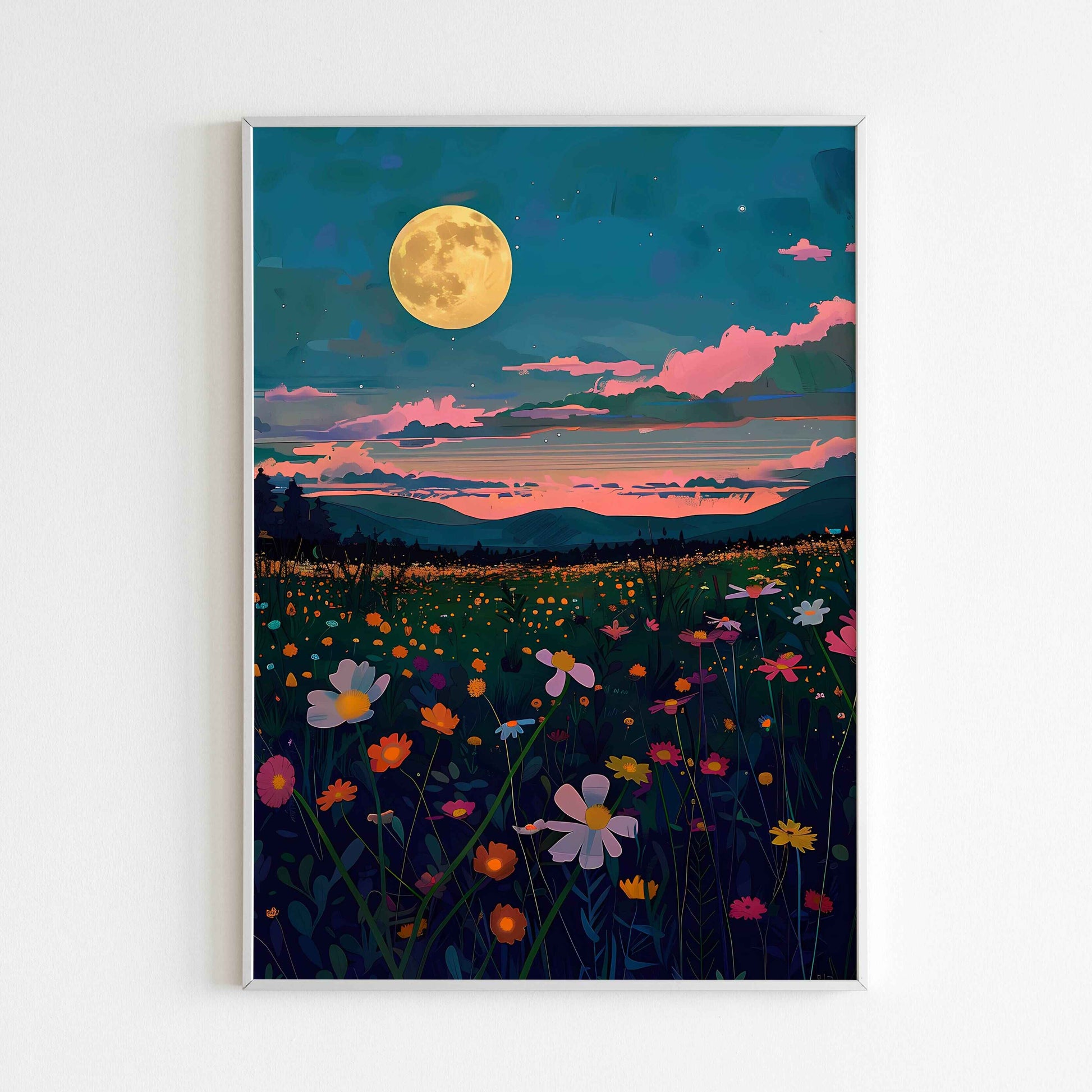 Lunar blossoms poster, showcasing the beauty of flowers bathed in moonlight.