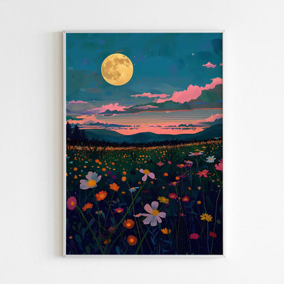 Lunar blossoms poster, showcasing the beauty of flowers bathed in moonlight.