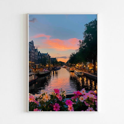 Amsterdam evening poster, a beautiful depiction of the city's lights and atmosphere.