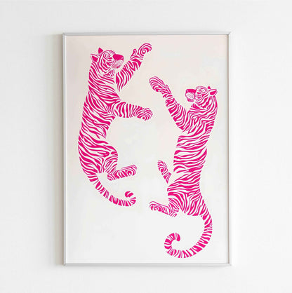 retro pink tigers vibrant animal poster digital download for bold animal lovers
