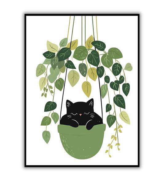 Whimsical Hanging Cat art print for playful wall decor.