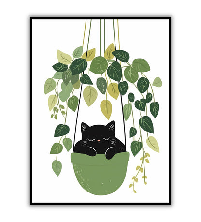 Whimsical Hanging Cat art print for playful wall decor.	