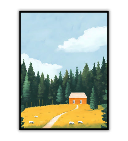 Serene Cabin art print for peaceful home decor.	