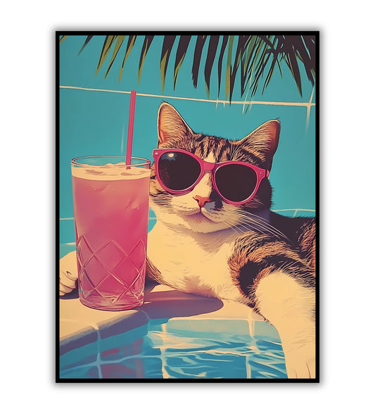 Poolside Cat poster for quirky and playful spaces.