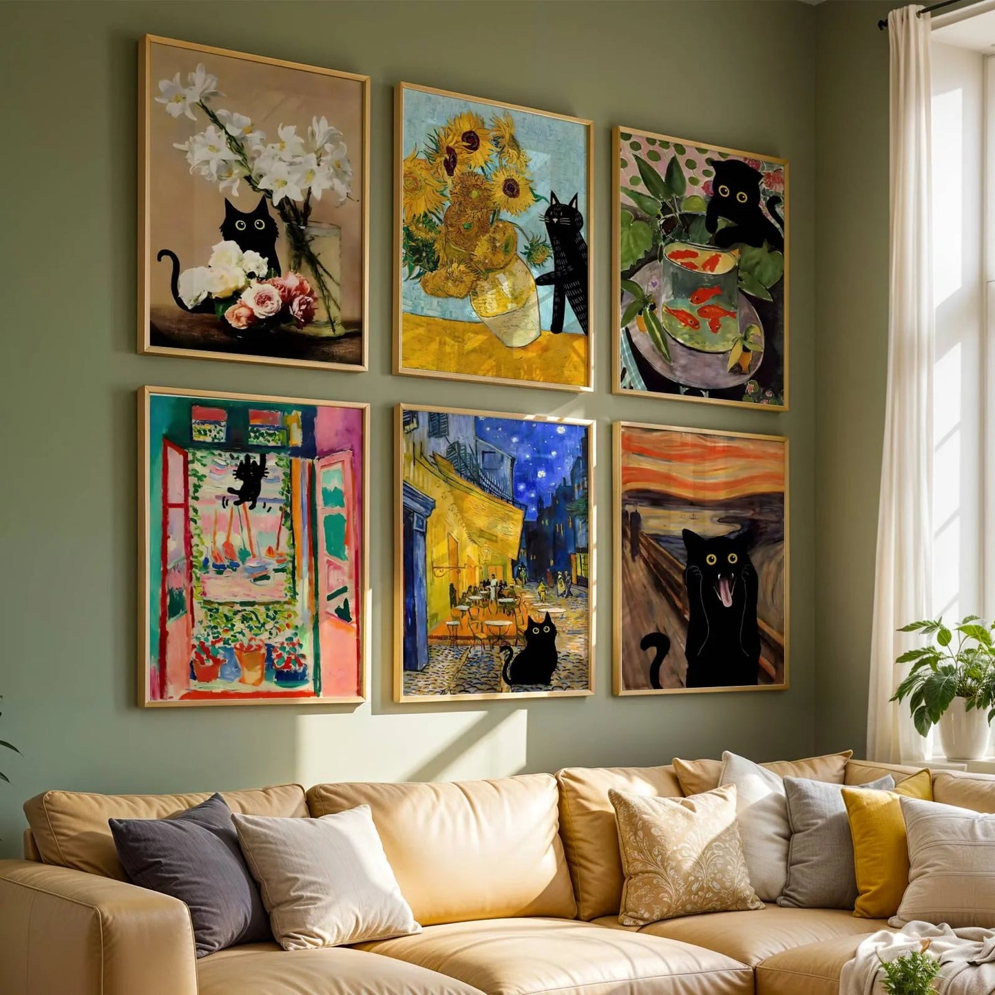 Six framed art prints featuring black cats in various whimsical scenes, arranged in a 2x3 grid on a sage green wall above a beige leather sectional sofa with decorative pillows.