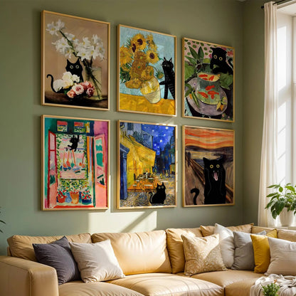 Six framed art prints featuring black cats in various whimsical scenes, arranged in a 2x3 grid on a sage green wall above a beige leather sectional sofa with decorative pillows.