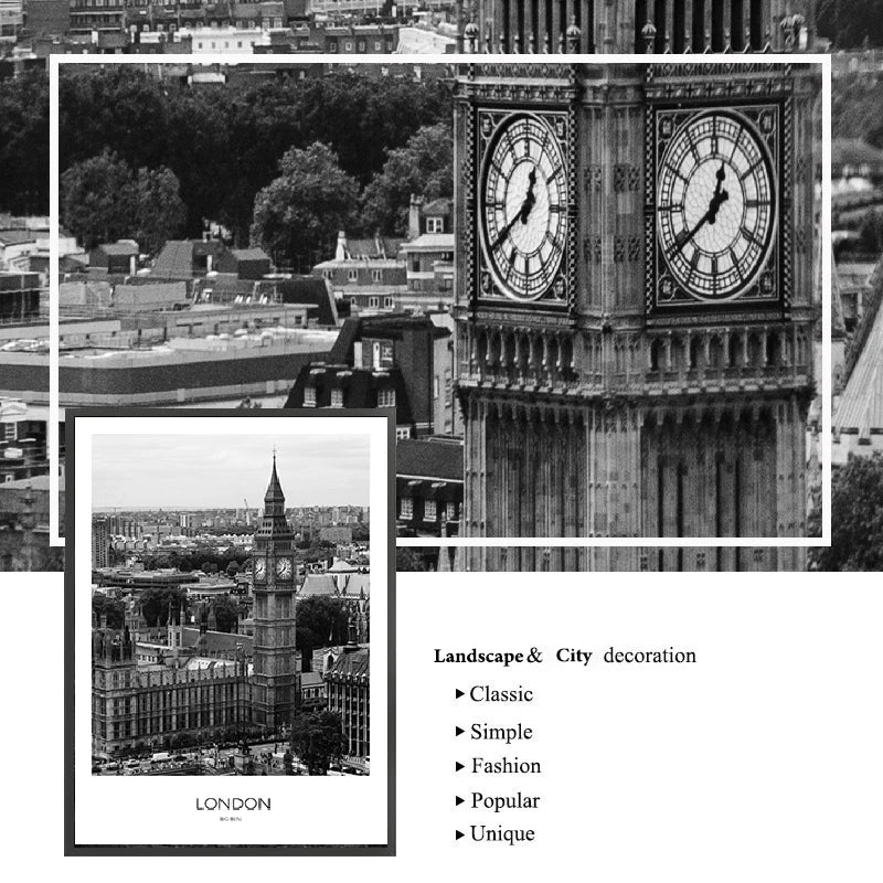 Elegant black and white city poster of New York London and Paris landmarks

