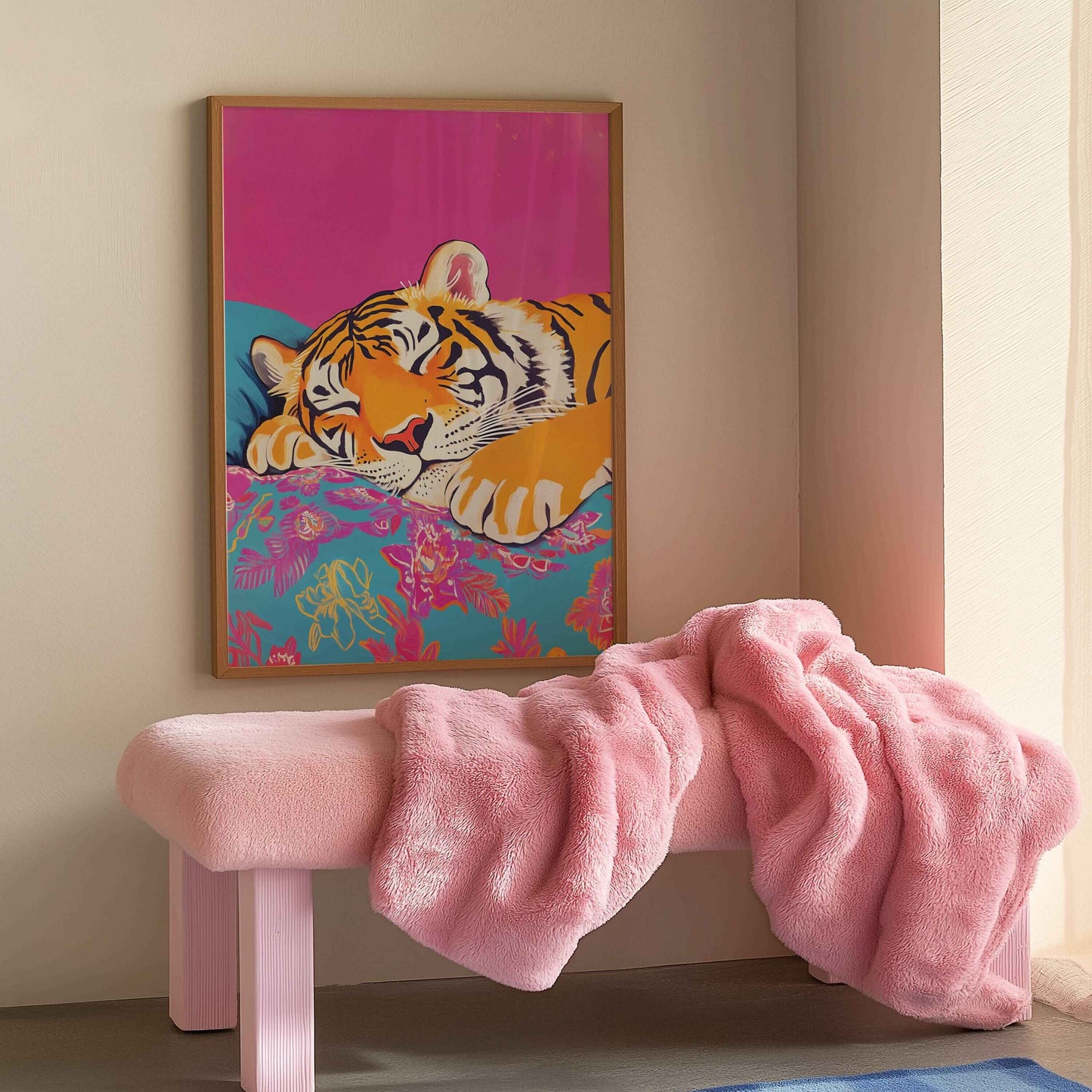 Fun and peaceful Sleepy Tiger design for cozy home decor.
