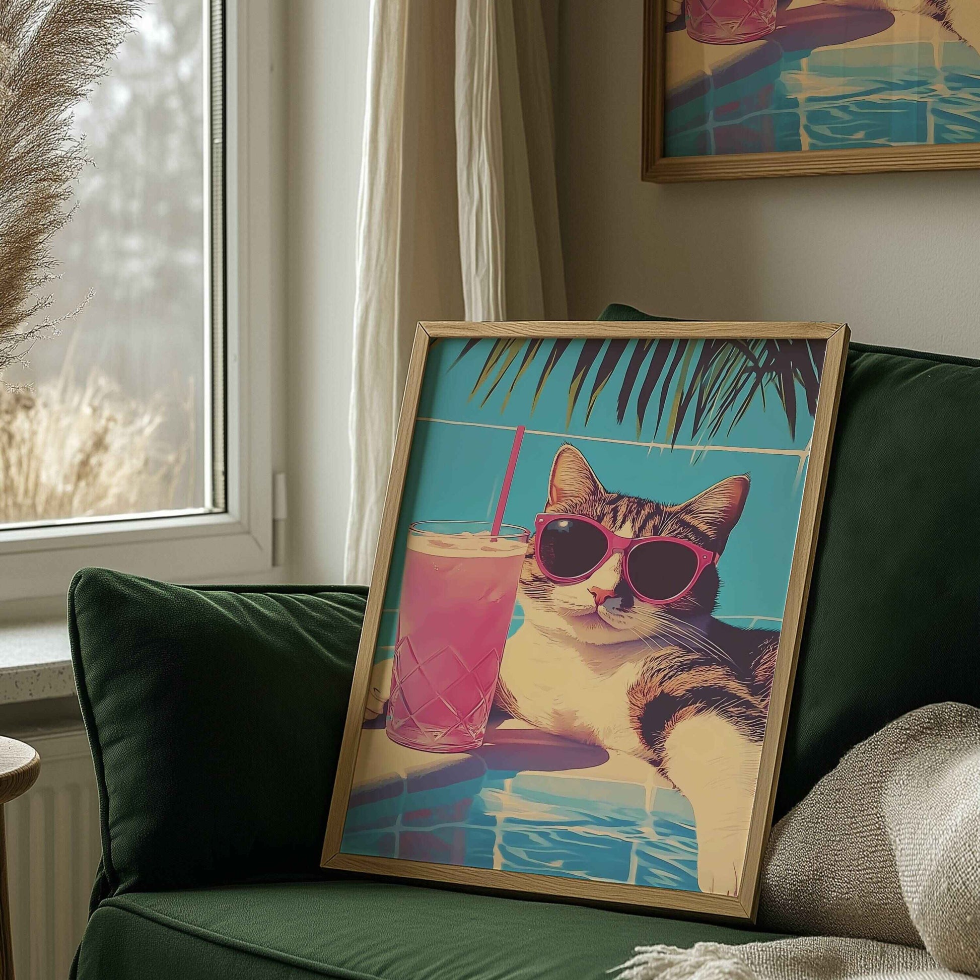 Relaxed cat-themed art print for poolside decor lovers.	