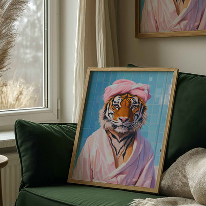 Chic preppy tiger print for bold wall art, vibrant living room decor, and animal-themed room decoration.	