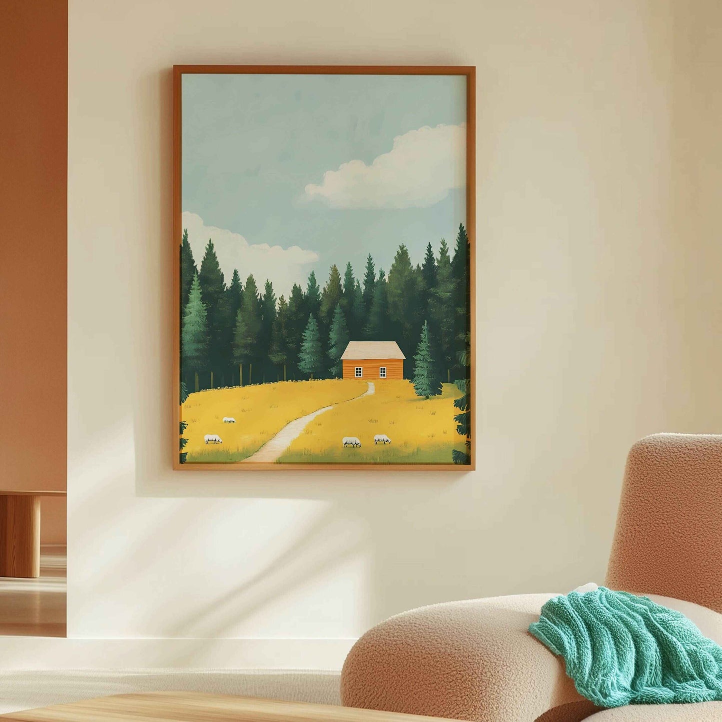 Minimalist Serene Cabin poster for rustic interiors.	