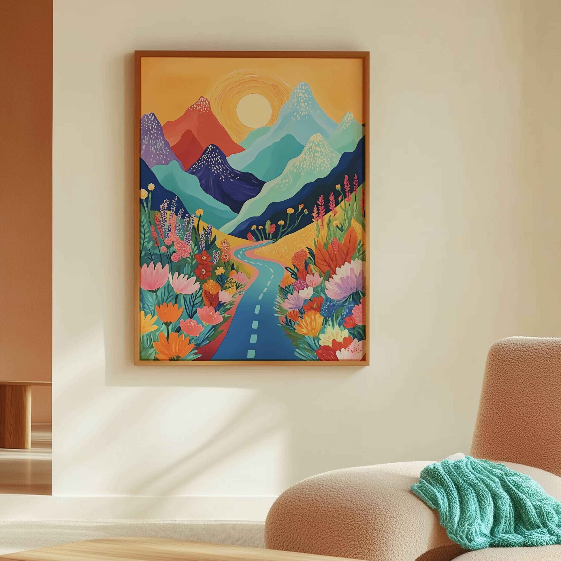 Minimalist Mountain Blossom art for tranquil interiors.	