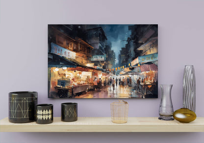 Lively Night Market Watercolor Print - Matte Canvas