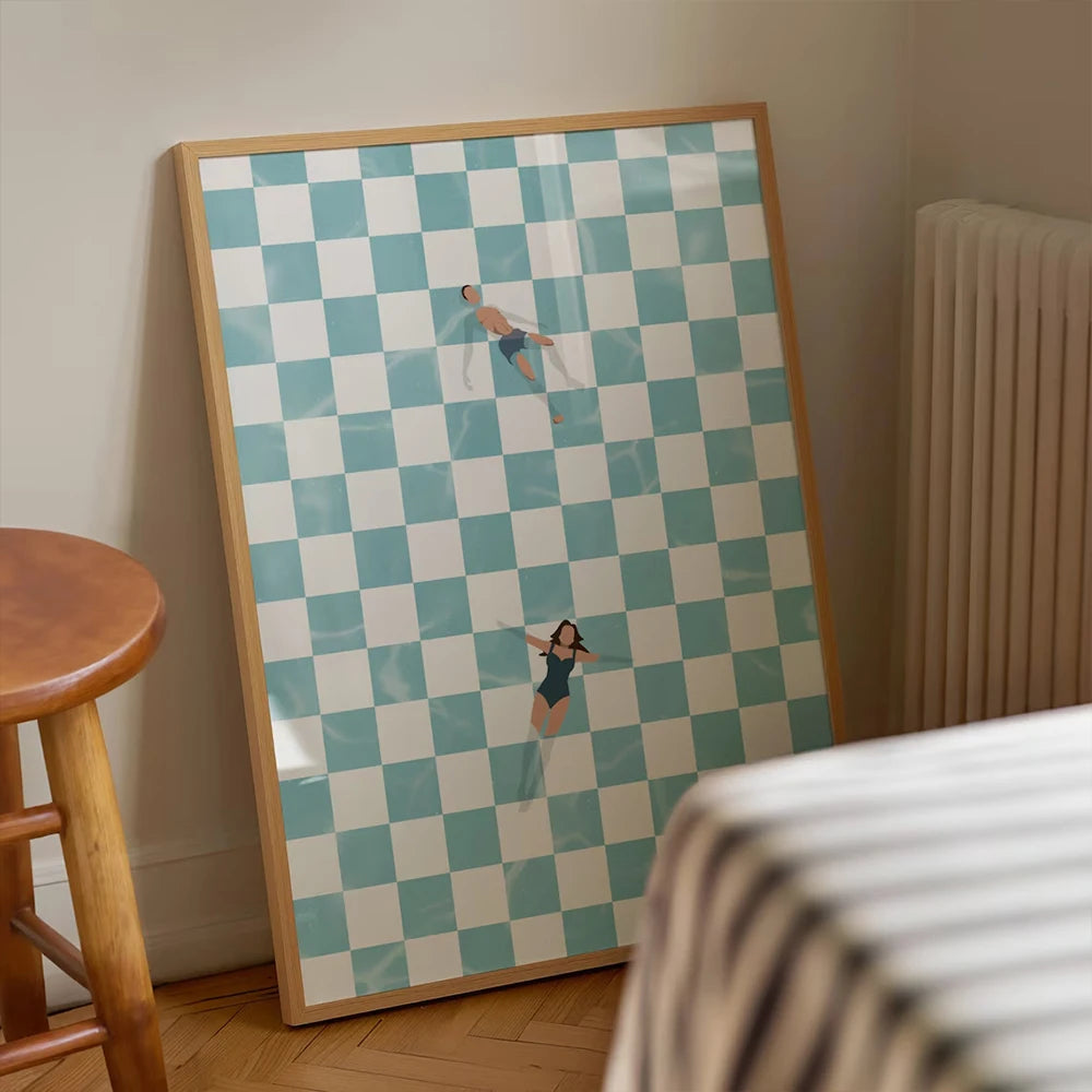 Modern Trendy Retro People At Pool Checker Board Prints