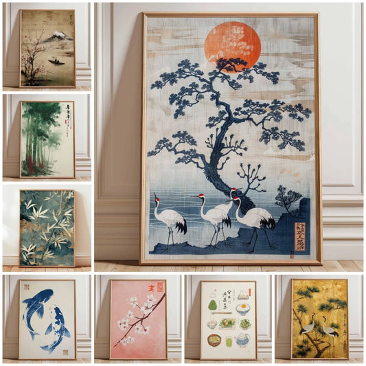 Japanese Crane Poster, Vintage Ukiyo-e Wall Art