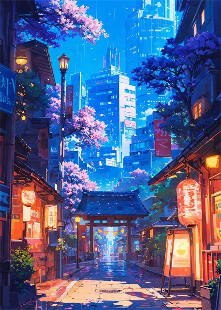 Japanese Street Scenery Sakura Architecture Canvas Posters
