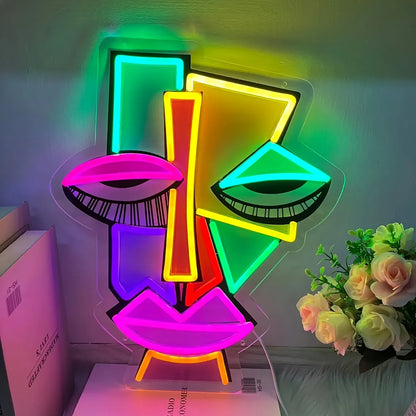 Abstract Face Neon Wall Decoration UV Printed Art Lighting for Bars Clubs Home Game Rooms and Offices Unique Birthday Gift Ideas