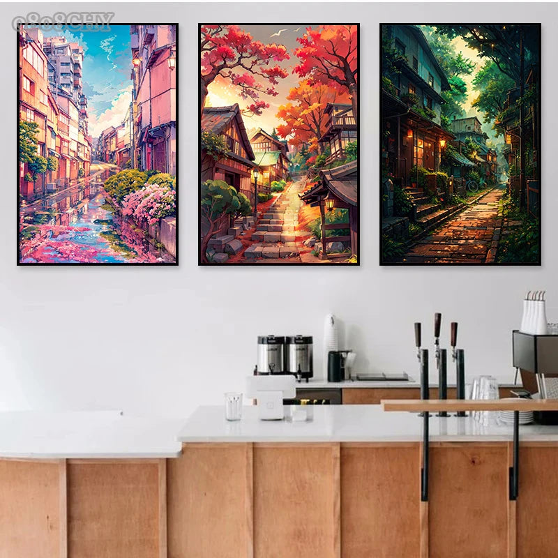 Japanese Street Scenery Sakura Architecture Canvas Posters
