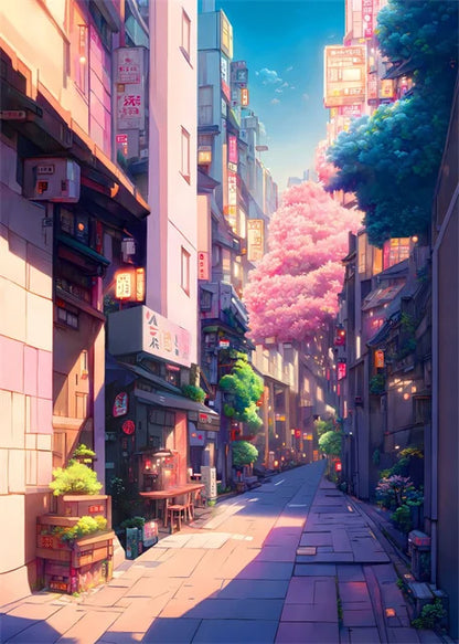 Japanese Street Scenery Sakura Architecture Canvas Posters