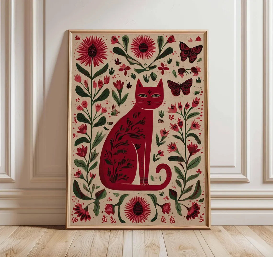 Floral Cat Wall Art Print