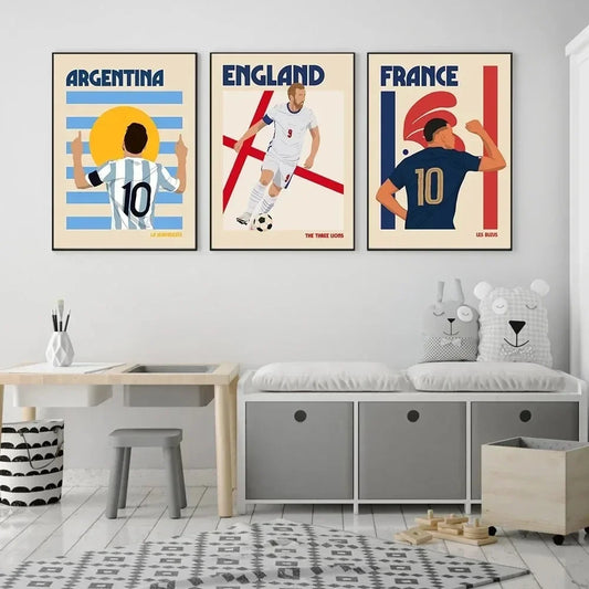Argentina Portugal Football Retro Illustration England Brazil France Wall Art Canvas Painting Color Boy Fan Sports Poster Decor