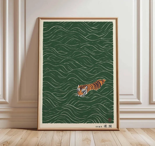 Vintage Ukiyo-e Style Japanese Tiger Swimming Print