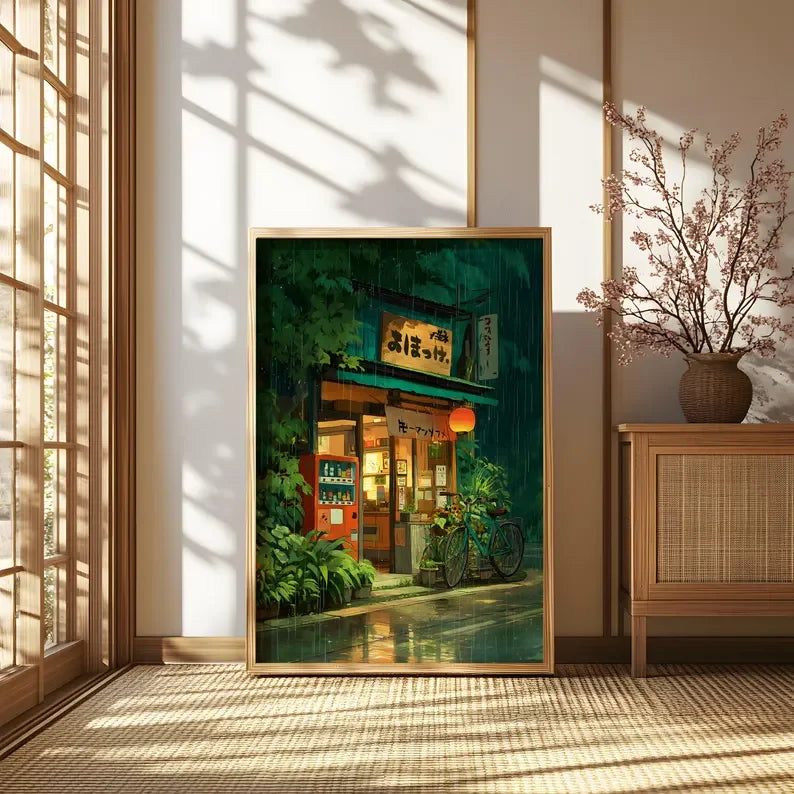 Anime Cafe Shop And Bicycle Canvas Poster