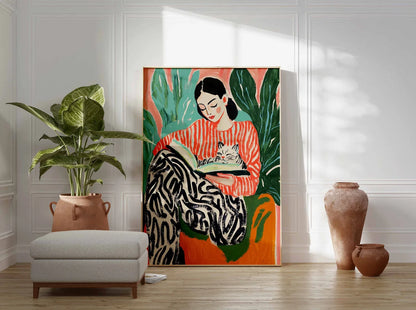 Woman Book Art, Cat Poster