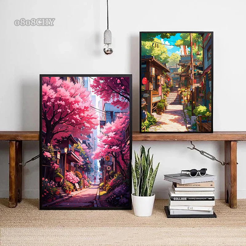 Japanese Street Scenery Sakura Architecture Canvas Posters
