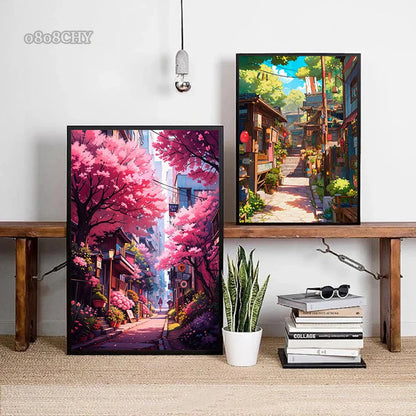 Japanese Street Scenery Sakura Architecture Canvas Posters