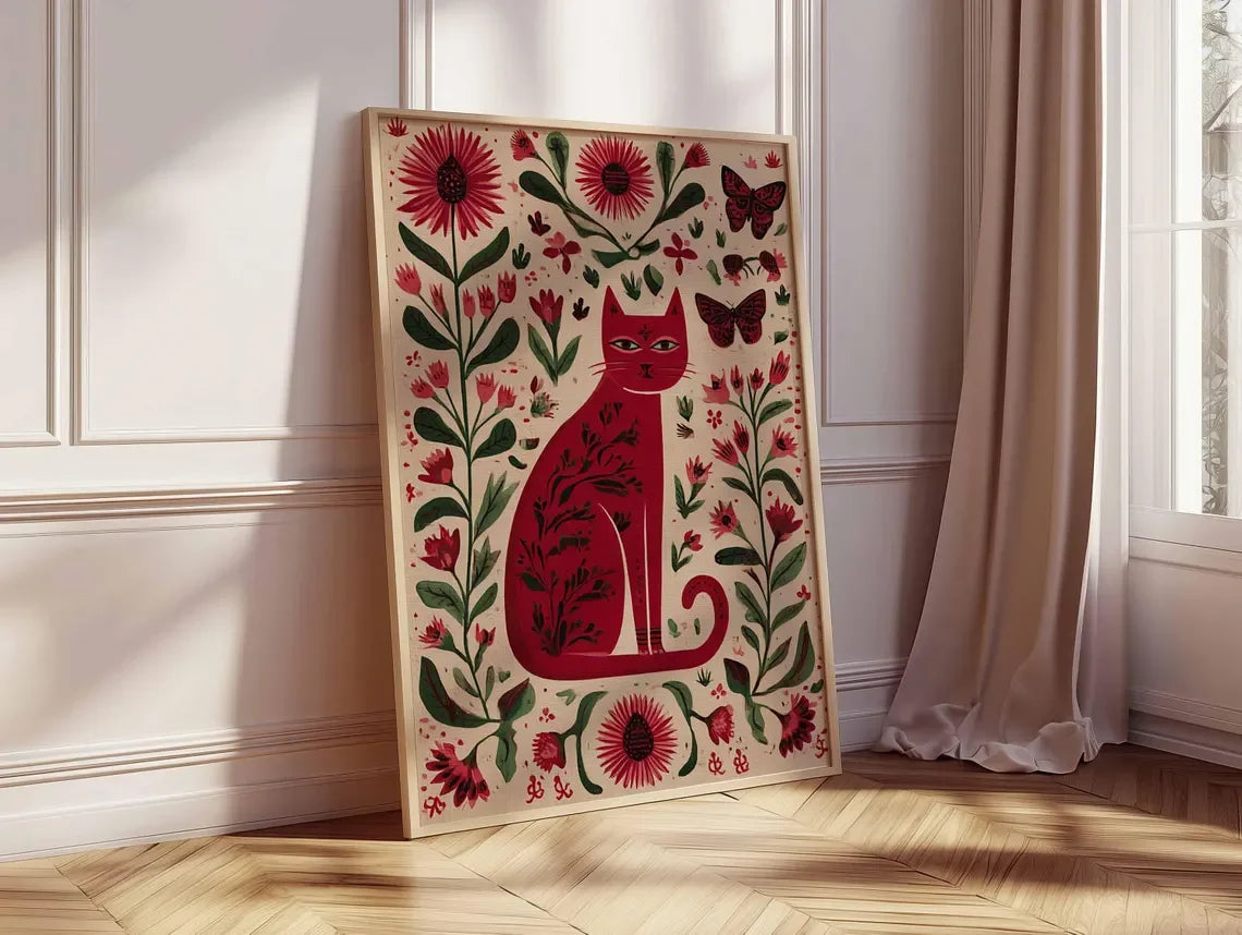 Floral Cat Wall Art Print