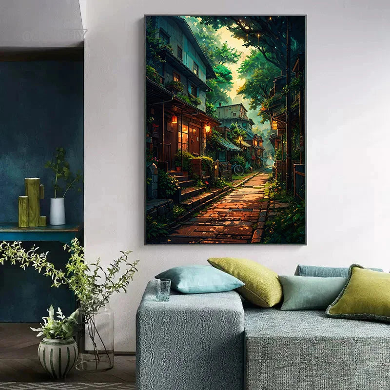 Japanese Street Scenery Sakura Architecture Canvas Posters