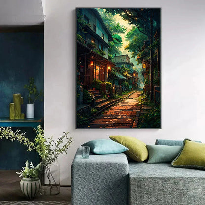 Japanese Street Scenery Sakura Architecture Canvas Posters