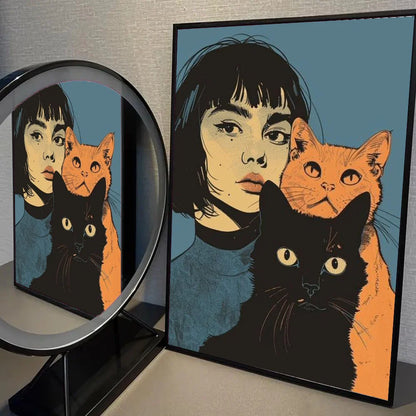 Abstract Woman Bird Cat Flower Fish Couple Poster