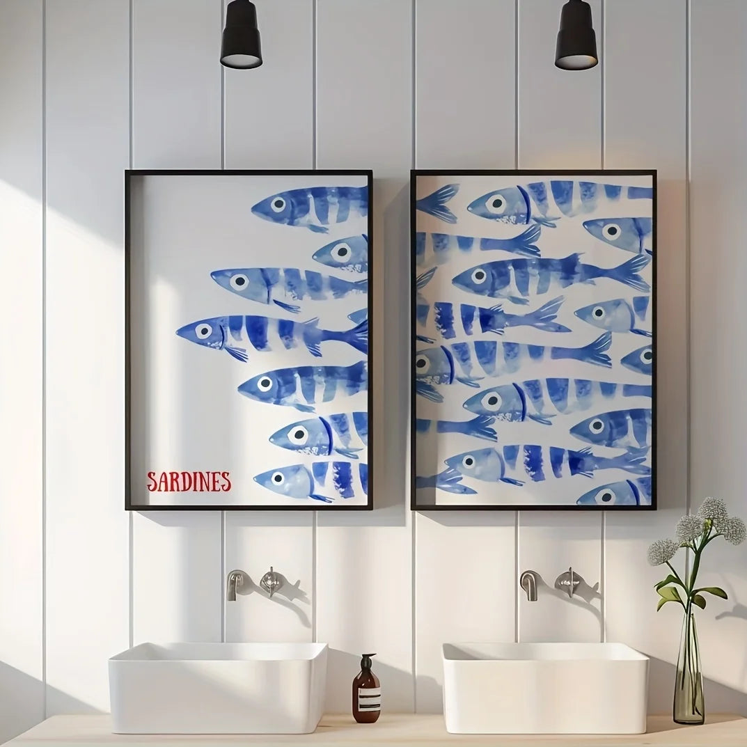 Retro Blue Sardine Canvas Poster