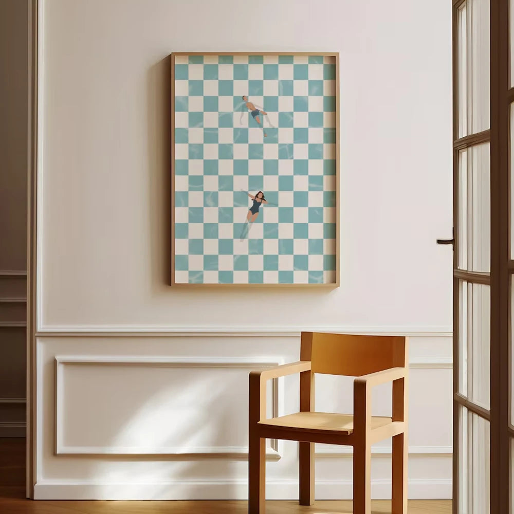 Modern Trendy Retro People At Pool Checker Board Prints
