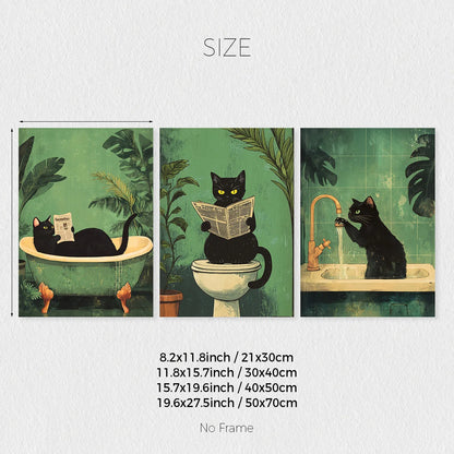 Set of 3 Funny Black Cat Bathroom Canvas Prints